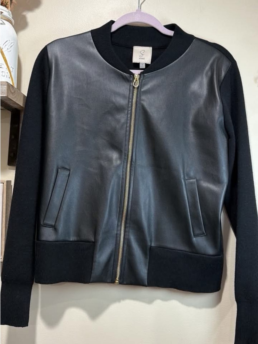 Sioni Black Faux Leather Front Bomber Jacket